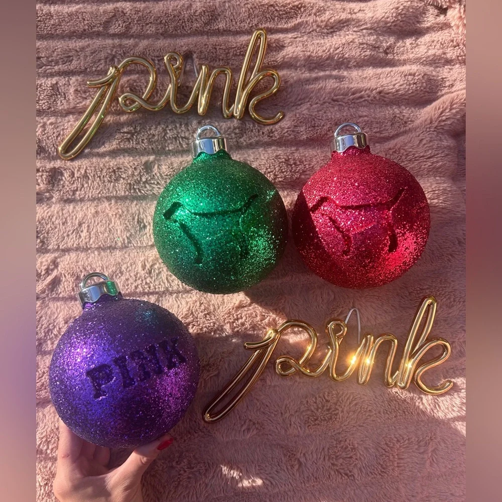 RARE Victoria’s Secret Pink Large Christmas Tree Ornament Balls Set Of 3